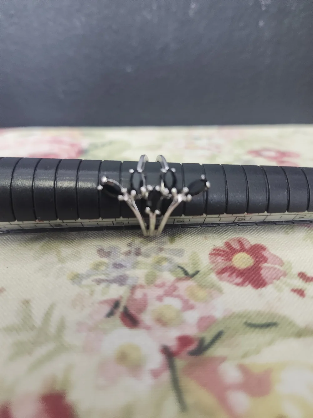 Silvertone Black Marquise Cluster Ring 18k HGE Sz 6 Cocktail